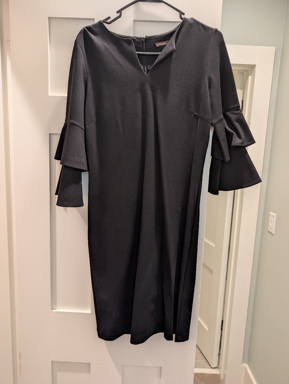 J.McLaughlin Black Sheath Dress With Tiered Bell Sleeves